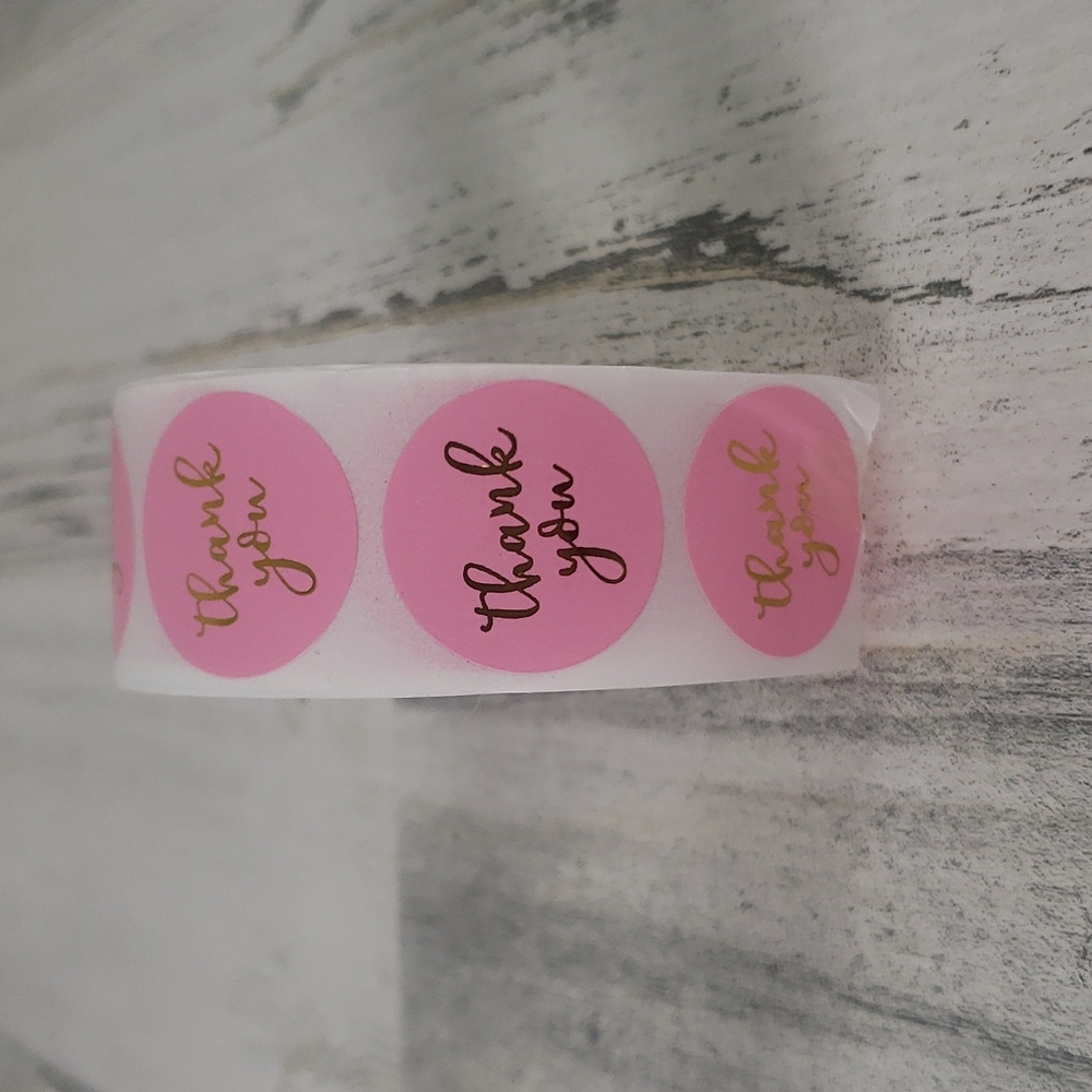 1 roll of 500 Thank You stickers pink with gold foil lettering